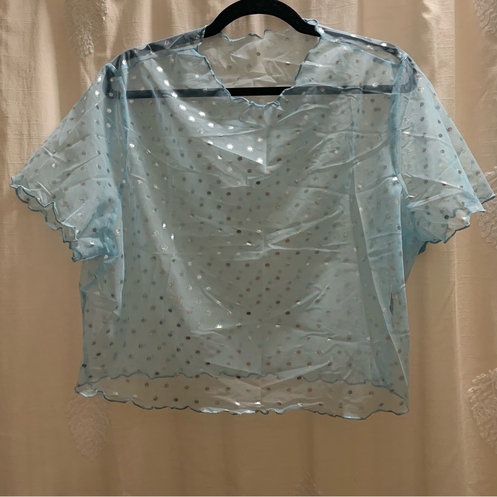 Baby Blue Mesh Crop Top with Silver Metallic Polkadots and Lettuce Trim Hem NWOT - Picture 5 of 12
